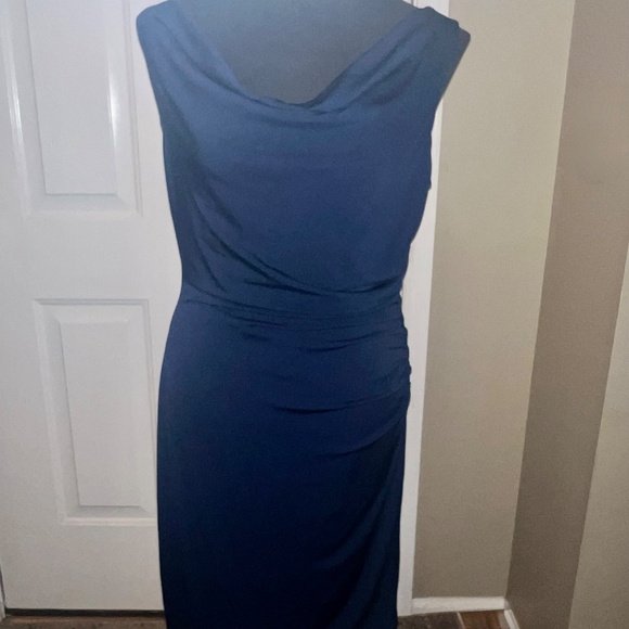 Sam Edelman Drape Neck Ruched Slim Asymmetric  Dress Navy - Picture 13 of 14